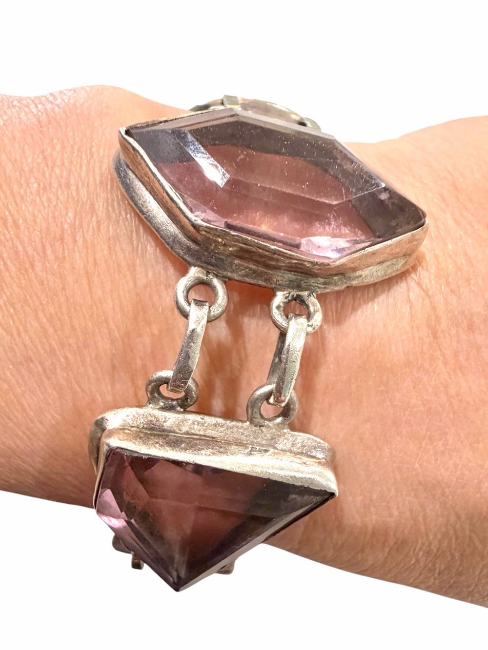 Vintage 925 Sterling Silver Geometric Amethyst Statement Link Bracelet - 48.3g